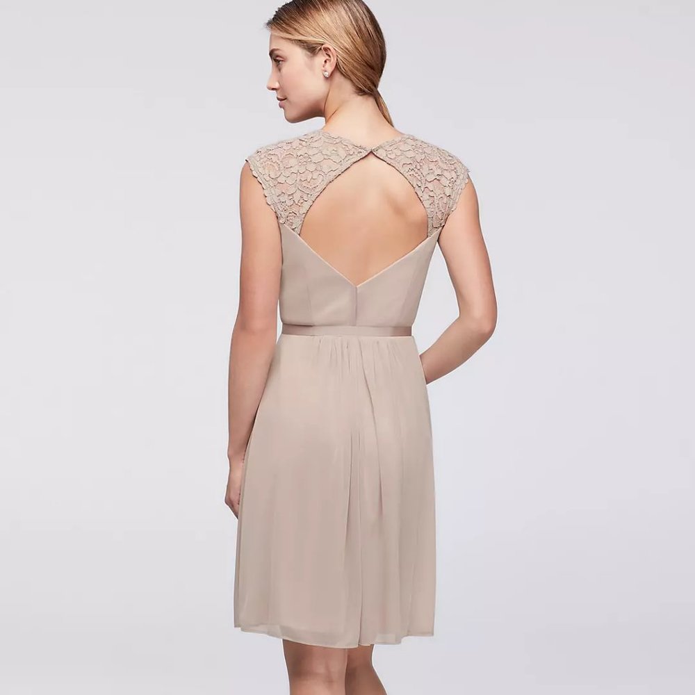 Davids Bridal Mesh Dress with Lace Sleeves and Keyhole Back in Malibu - Picture 10 of 11